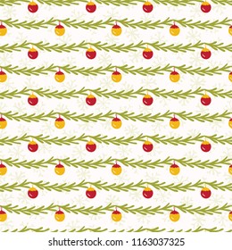 Christmas Tree Branch Bauble Stripes, Seamless Vector Pattern, Drawn Illustration for Winter Fashion Prints, Holiday Stationery, Xmas Decor, Seasonal Gift Wrap, Traditional Noel Yuletide Background 