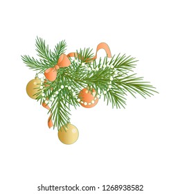 Christmas tree branch, with a bead garland and Christmas tree decorations. Vector illustration
