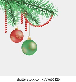 Christmas tree branch. Beads and beads. Vector illustration.