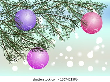 Christmas tree branch with beautiful colored decorations on blurred background with bokeh, flat vector illustration