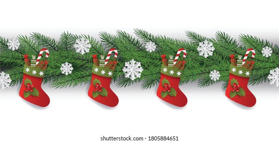 Christmas tree branch border with red gift stockings filled with candy and white snoflakes - realistic fir branches isolated on white background, holiday vector illustration.