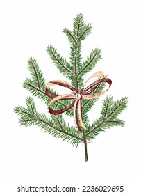 Weihnachtsbaumzweig mit Schleife. Dekoratives Ferienelement für Karten, Tapeten, Textilien, Druck. Vektorgrafik.