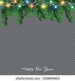 Christmas tree branch brush on transparent background. Spruce fluffy fir branch isolated on white background. Vector illustration