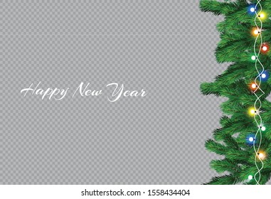 Christmas tree branch brush on transparent background. Spruce fluffy fir branch isolated on white background. Vector illustration