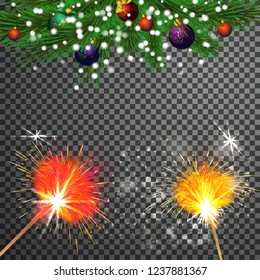 Christmas tree branch with colorful balls and sparkles for new year. Vector isolated holiday decoration and snow. Transparent backdrop