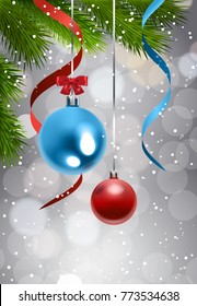 Christmas Tree Branch With Colorful Balls Over Grittering Background Holiday Decoration Banner Vector Illustration