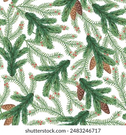 Christmas tree branch and cone seamless pattern. Holiday wallpaper.	