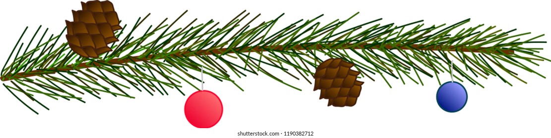 
Christmas tree branch with cones and balls, vector image