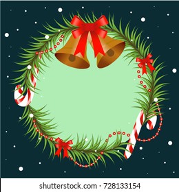 Christmas tree branch decorated with bells and red bow. Round frame with copy space, design element for for Christmas and new year design. Vector illustration.