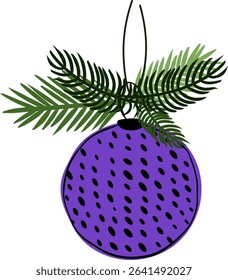 Christmas tree branch decorated with toy ball composition isolated. Vector graphic line ink illustration. design for fashion graphics, textile prints, fabrics, wallpapers.