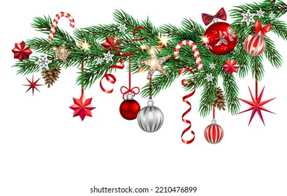 Christmas tree branch decoration with balls and stars. Winter holiday banner isolated. Template Christmas sample for banners, advertising, leaflet, cards, greeting, invitation and so on.