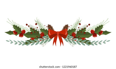 Christmas tree branch decoration frame divider holiday garland. Border xmas vector illustration winter celebration nature new year spruce design ornament decor plant coniferous twig.