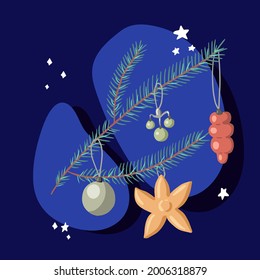 Christmas tree branch decoration. Hand drawn fir twig with festive decor. Vintage Christmas ornament. Cartoon vector illustration isolated on blue background
