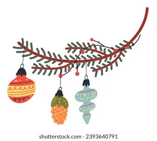 Christmas tree branch decoration with toys ornament concept. Vector graphic design illustration 
