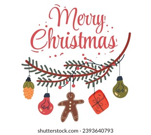 Christmas tree branch decoration with toys ornament concept. Vector graphic design illustration 
