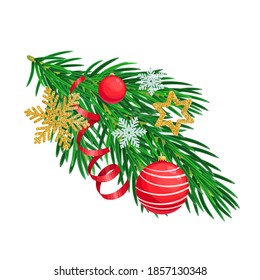 Christmas tree branch with christmas decorations. Fire or pine branch decorated xmas ornament for winter holiday design