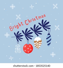 Christmas tree branch with Christmas decorations. Holiday cute elements. New year greeting card Bright Christmas 