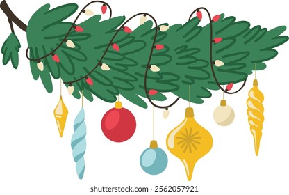 Christmas tree branch with decorations. Christmas decorations on a fir tree branch. Decor for Christmas and New year. Conifer branch. Hand drawn Christmas vector illustration isolated