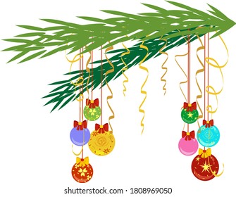 Christmas tree branch with Christmas decorations. Red, green, yellow balls with serpantin, clipart for Christmas and New Year design