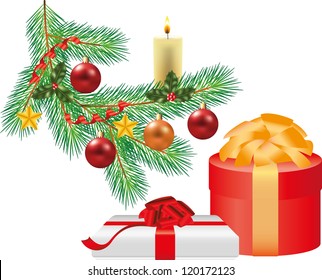 christmas tree branch with decorations and two gifts photo-realistic illustration