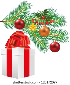christmas tree branch with decorations and white gift photo-realistic illustration
