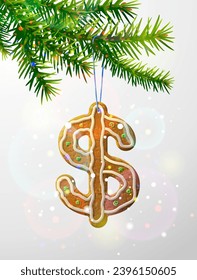 Christmas tree branch with decorative cookie of money shape. Gingerbread dollar hanging on pine twig
