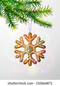 Christmas tree branch with decorative cookie. Gingerbread snowflake symbol hanging on pine twig. Vector image