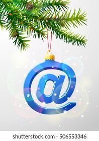 Christmas tree branch with decorative email symbol. Mail sign as holiday bauble hanging on pine twig. Vector image