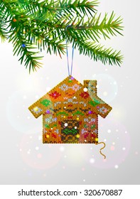 Christmas tree branch with decorative knitted house. Home of crocheted fabric hanging on pine twig. Vector illustration