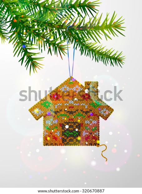 Christmas Tree Branch Decorative Knitted House Stock Vector