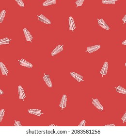 Christmas tree branch in doodle style pattern on red background. Vector stock illustration