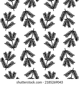 Christmas tree branch festive pattern. Seamless pine texture for New Year celebration event. Cute black line background. Merry season vector illustration for wrapping paper, cozy winter home decor.