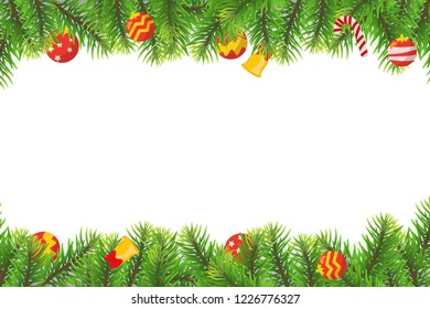 Christmas tree branch frame decorated on white blank background. Concept design for template of greeting card,banner, poster, postcard for Christmas and new year festival in vector illustration