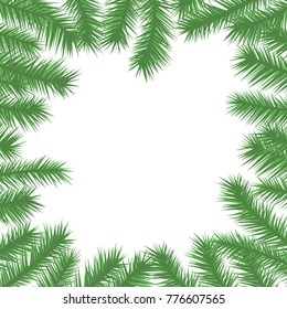 Christmas tree branch frame. Pine tree border. Fir tree twig background. Vector illustration in cartoon flat design isolated on white. Great for cards, banners, flyers, party posters.