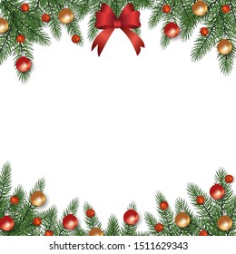 Christmas tree branch frame with realistic holiday decorations. Red and gold baubles and berries on festive square border isolated on white background - vector illustration.