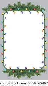 Christmas tree branch with Christmas tree garland, background frame. For letterheads, notepads and banners. Vector illustration.