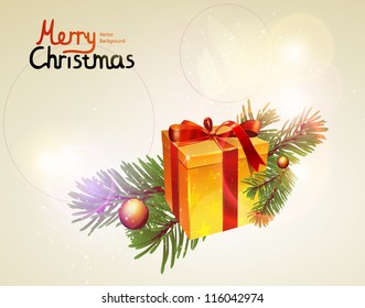 Christmas tree branch and gift box. Vector illustration.