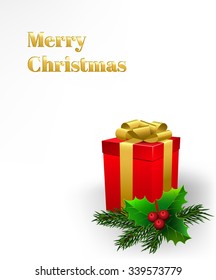 Christmas tree branch and  gift boxes on white background. 