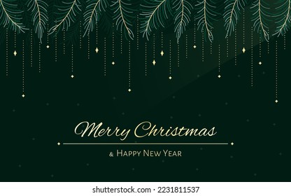 Christmas tree branch gold beads star glitter magic card flat. Green dark evergreen forest festive rich background greeting holiday corporate card invitation screensaver website event new year vector