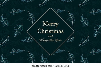 Christmas tree branch gold label banner magic postcard flat. Green dark evergreen forest festive rich background greeting holiday corporate card invitation screensaver website event new year vector