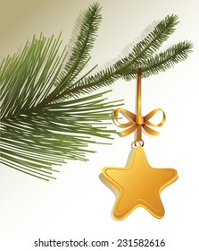 Christmas tree branch with gold star