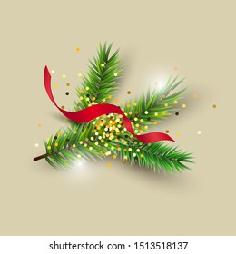 Christmas tree branch with golden confetti and streamer isolated on background. Design element for Merry Christmas and New Year greeting cards, flyer, poster, party invites. Vector illustration.
