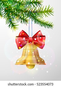 Christmas tree branch with golden jingle bell. Holiday ornament with red bow hanging on pine twig. Vector illustration