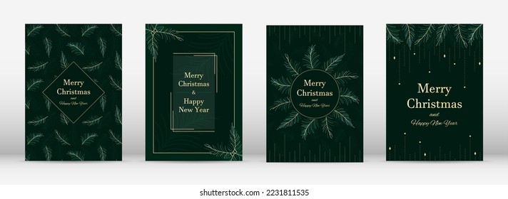 Christmas tree branch greeting holiday postcard luxury flat set. Card invitation holiday corporate modern gift gold green frame divider beads star shining xmas decoration wreath label abstract vector