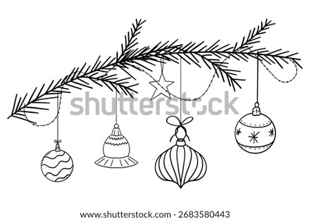 Christmas tree branch with Christmas hanging bauble, pine with needles, sketch hand drawn design element, decoration.