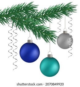 Christmas tree, a branch with hanging blue, silver balls and confetti, isolated on a white background. Vector illustration. Elements of the design of postcards, banners, posters. New Year and Christma