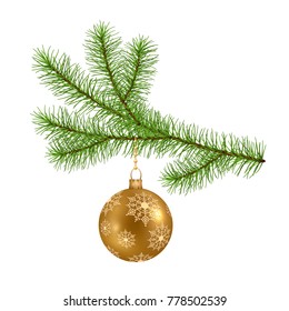 Christmas tree branch hanging golden ball isolated on white