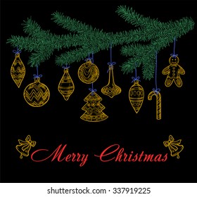Christmas tree branch with holiday toys, balls and sweets as a card with space for text