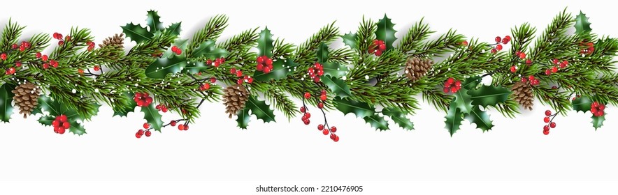 Christmas tree branch, hollies and red berries. Winter holiday banner isolated. Season template sample for banners, advertising, leaflet, cards, greeting, invitation and so on.