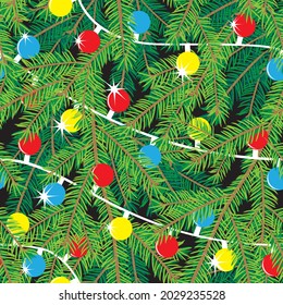 Christmas tree branch with lights seamless pattern. Vector illustration